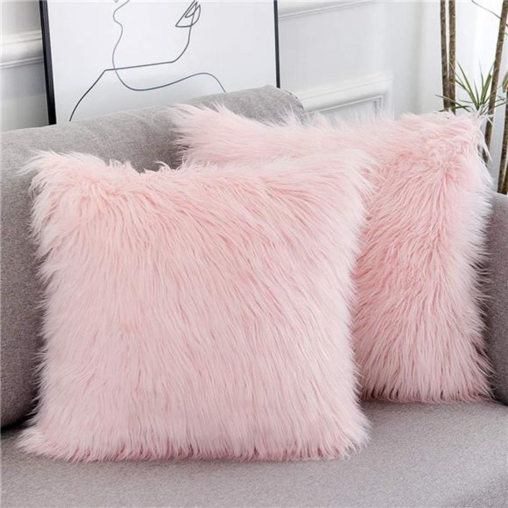Set of 2 Pink Fluffy Pillow Covers New Luxury Series Merino Style Blush Faux Fur